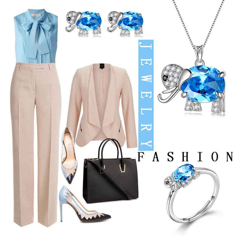 Collana da donna con elefante, orecchini, anelli, set di gioielli, regali di compleanno per ragazza con pietre portafortuna di marzo blu