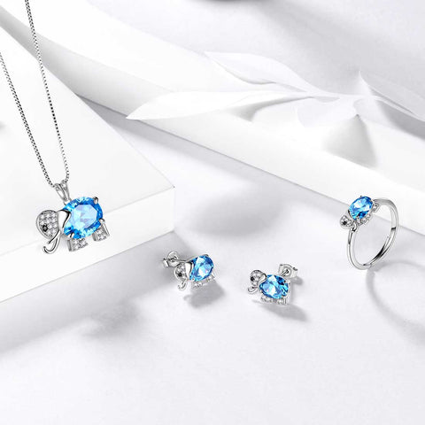 Juego de joyas de aguamarina con piedra natal de elefante, 4 piezas, regalo de cumpleaños para mujeres y niñas