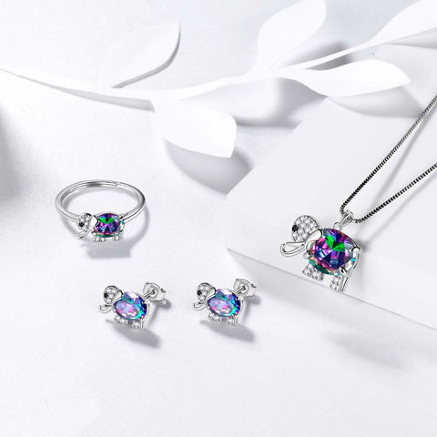 Damen-Elefant-Halskette, Ohrringe, Ring, Schmuckset, mystischer Topas, Mädchen-Geburtstagsgeschenk