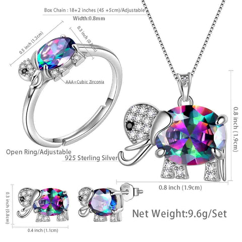 Damen-Elefant-Halskette, Ohrringe, Ring, Schmuckset, mystischer Topas, Mädchen-Geburtstagsgeschenk