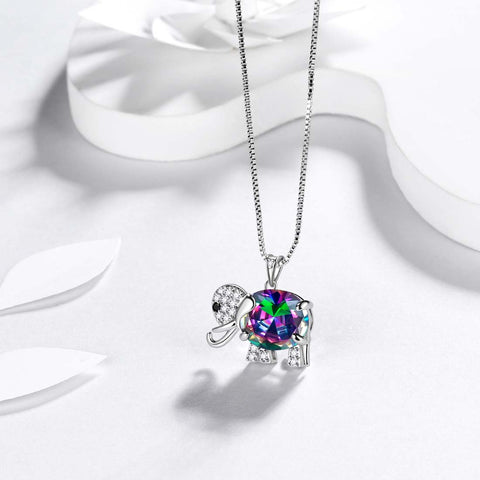 Collar con colgante de topacio místico y arcoíris de elefante, joyería para mujeres y niñas, regalo de cumpleaños