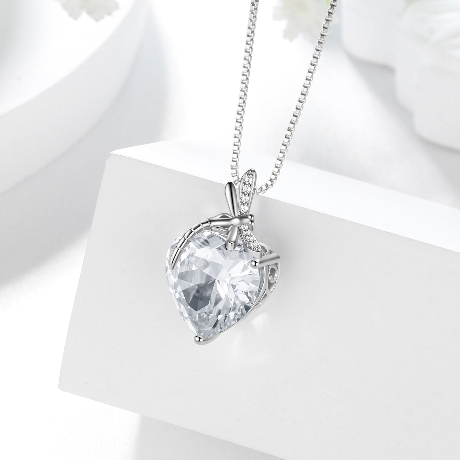Dragonfly Necklace Heart April Birthstone Necklace Diamond CZ 925 Sterling Silver Pendant White Jewelry Women Birthday Christmas Mother's Day Gift - Aurora Tears