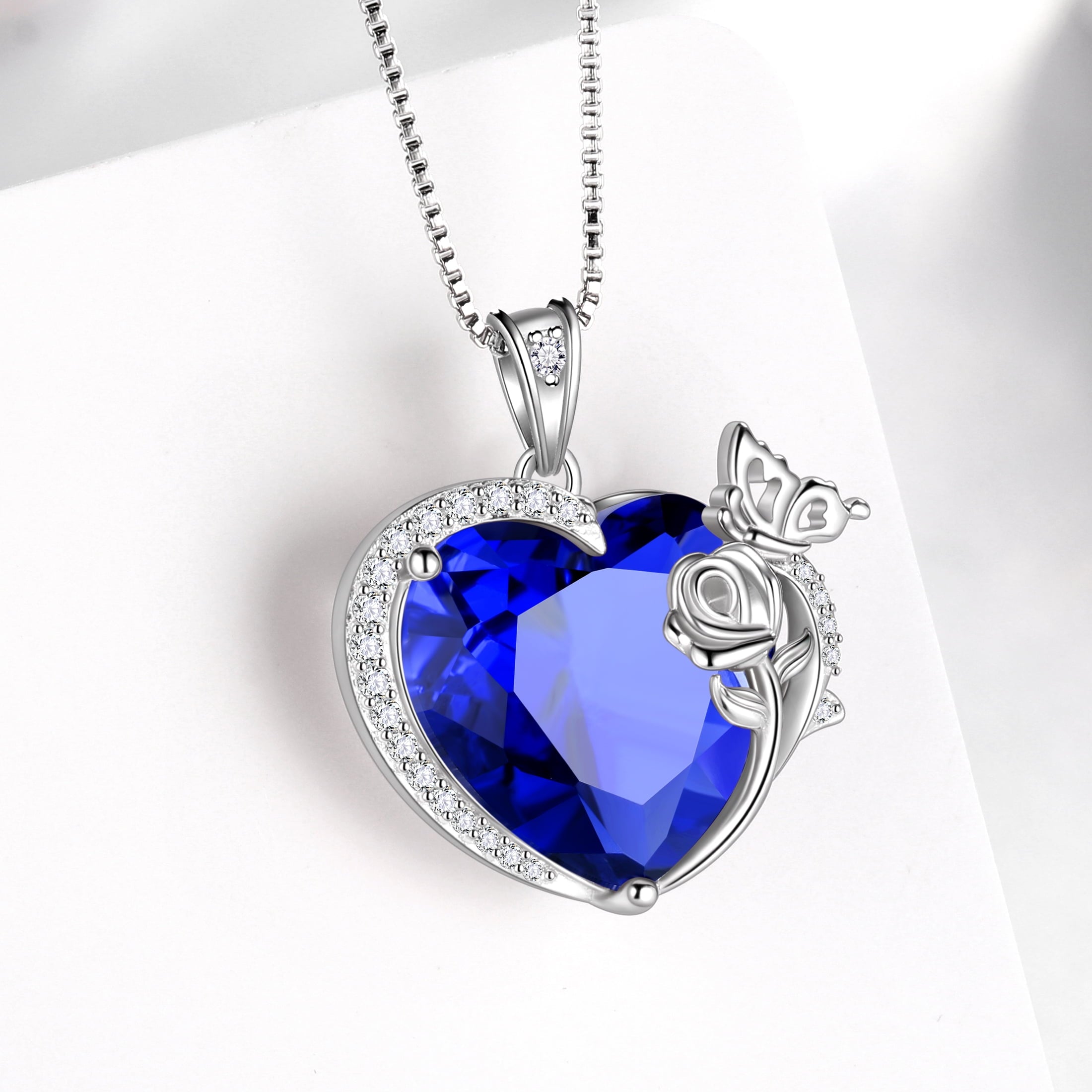 Women Heart Necklace Butterfly Rose Flower Pendant September Birthstone Blue Sapphire Jewelry 925 Sterling Silver Grandma Mother's Day Gift - Aurora Tears