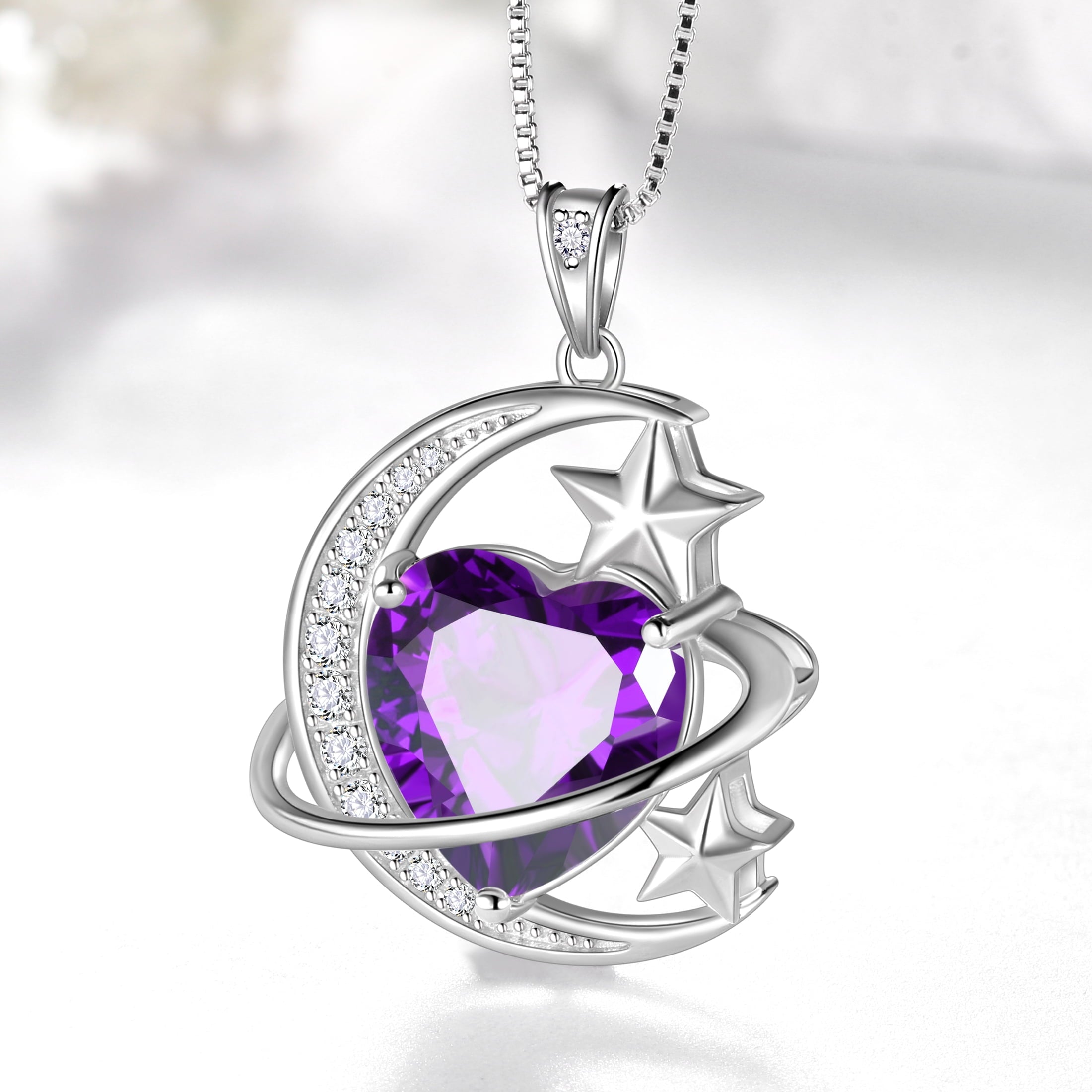 13MM Women Moon and Star Necklace Heart February Birthstone 925 Sterling Silver Pendant Purple Amethyst Celestial Jewelry Birthday Valentine's Day Gift for Wife/Mother/Her - Aurora Tears