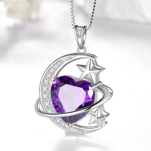 13MM Women Moon and Star Necklace Heart February Birthstone 925 Sterling Silver Pendant Purple Amethyst Celestial Jewelry Birthday Valentine's Day Gift for Wife/Mother/Her - Aurora Tears