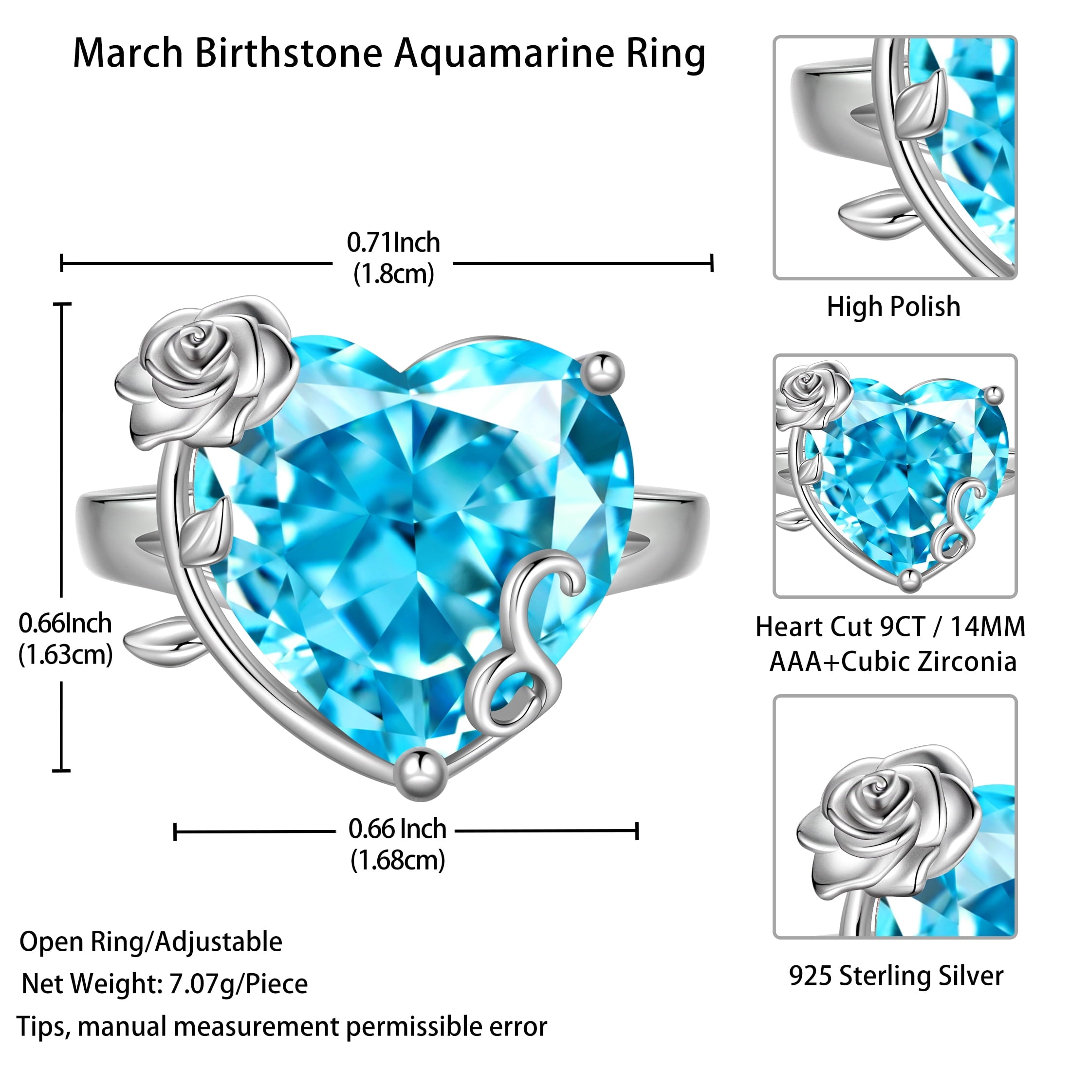 9Ct Women Heart Ring 925 Sterling Silver Rose Flower March Birthstone Aquamarine Blue Solitaire Ring Jewelry Birthday Gift for Mother - Aurora Tears
