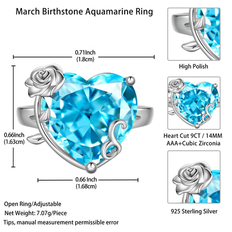 9Ct Women Heart Ring 925 Sterling Silver Rose Flower March Birthstone Aquamarine Blue Solitaire Ring Jewelry Birthday Gift for Mother - Aurora Tears
