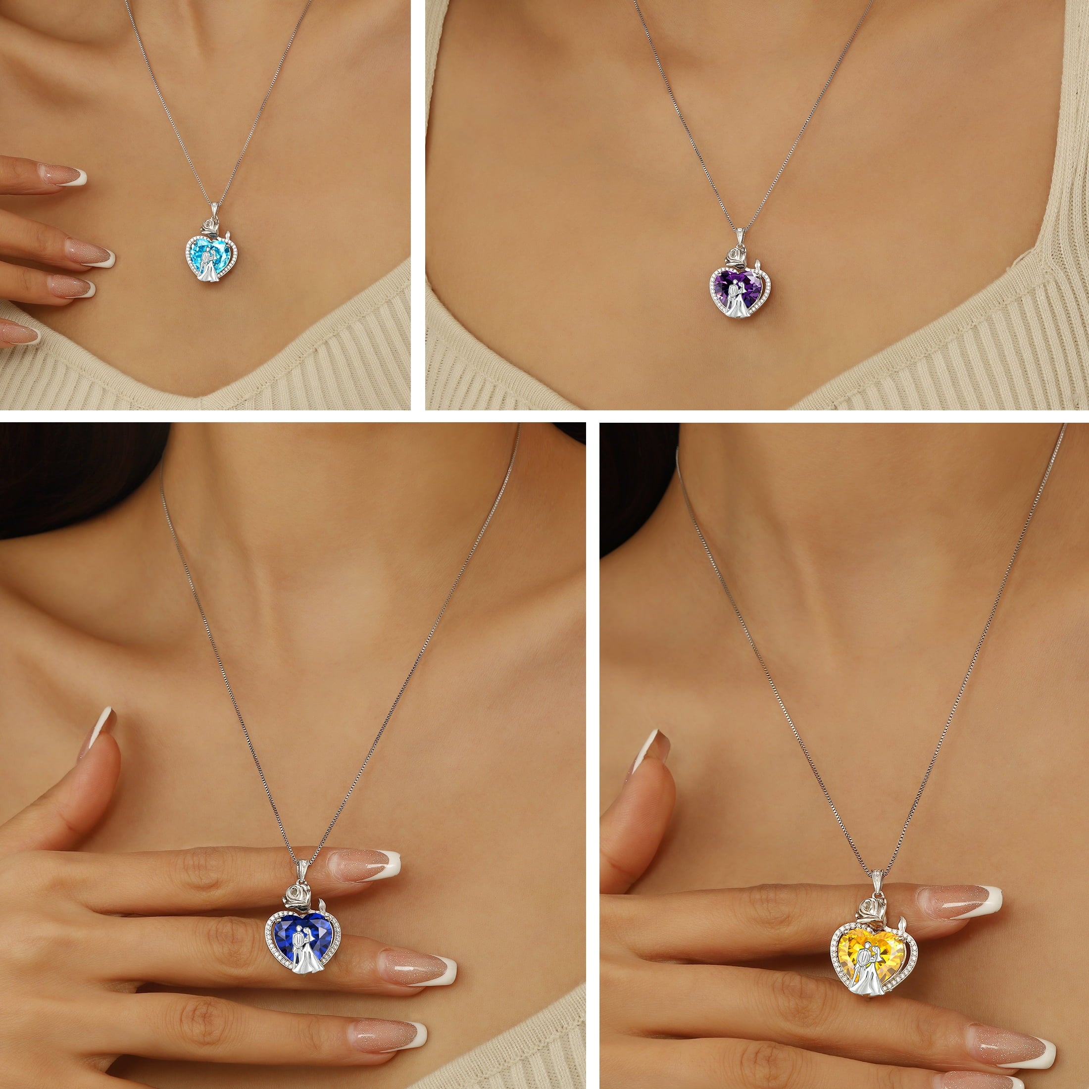 Couple Necklace for Women 925 Sterling Silver 15MM Heart November Birthstone Rose Flower Pendant Promise Engagement Jewelry Valentines Day Gift for Her Wife Bride - Aurora Tears