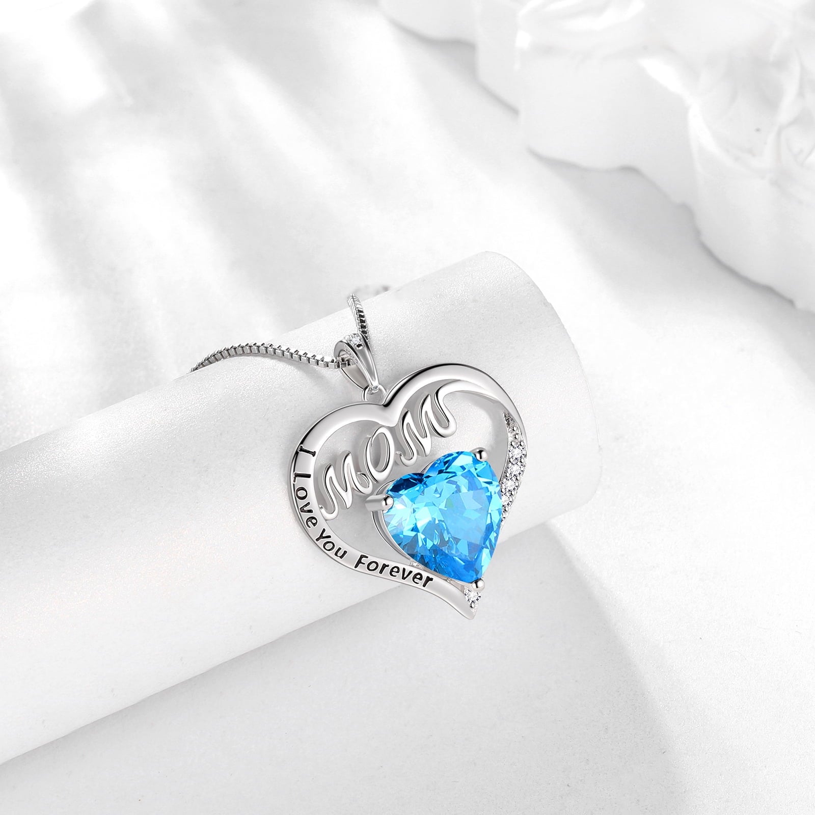 Women Mom Necklace Heart March Birthstone Necklace Aquamarine Blue 925 Sterling Silver Pendant Jewelry Christmas Birthday Mother's Day Gift - Aurora Tears