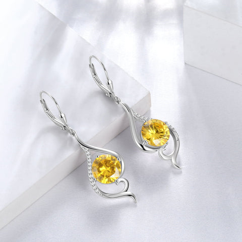 Women Dangle Earrings Citrine November Birthstone Sterling Silver Leverback Earrings Yellow CZ Tail Jewelry Christmas Valentine Birthday Mother's Day Gift for Her - Aurora Tears