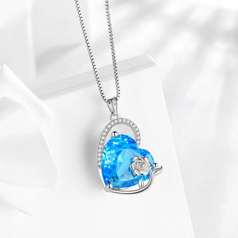 925 Sterling Silver 15MM Heart Necklace Women March Birthstone Aquamarine Jewelry Blue Topaz Rose Flower Pendant Mother Birthday Valentines Gift for Her - Aurora Tears