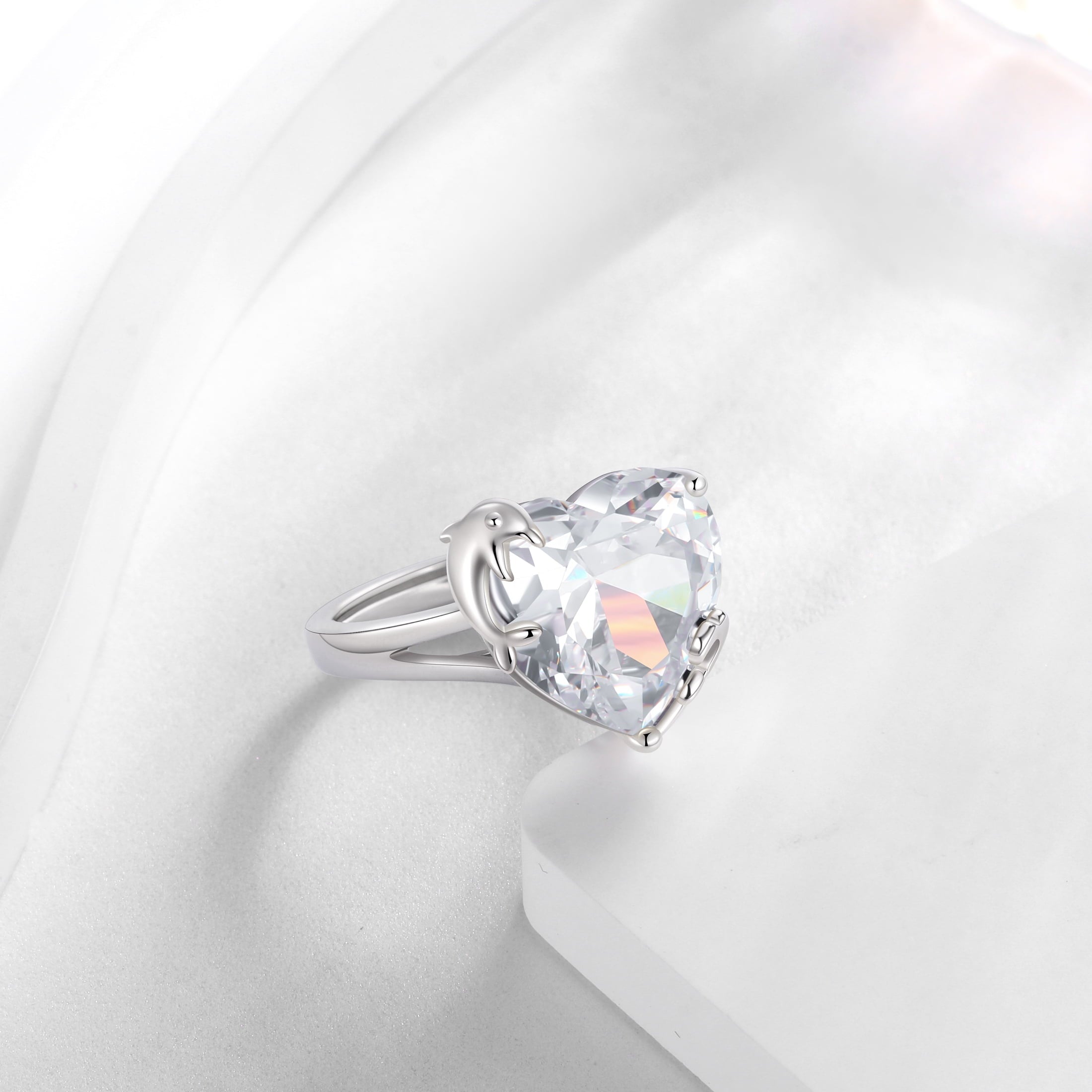 9Ct Women Heart Ring 925 Sterling Silver Dolphin April Birthstone Diamond Crystal Solitaire Ring Bridal Jewelry Birthday Gift - Aurora Tears
