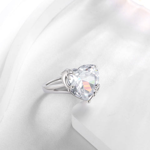 9Ct Women Heart Ring 925 Sterling Silver Dolphin April Birthstone Diamond Crystal Solitaire Ring Bridal Jewelry Birthday Gift - Aurora Tears