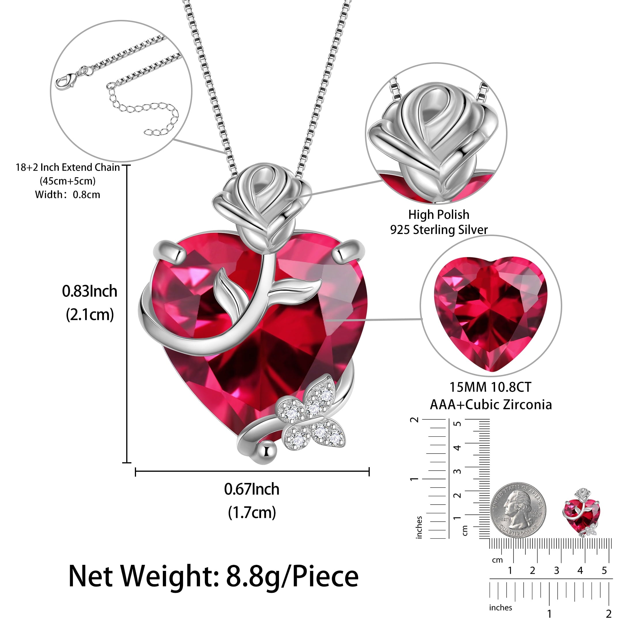 15MM Women Rose Heart Necklace July Birthstone 925 Sterling Silver Flower Butterfly Jewelry Pendant Red Ruby Mother Birthday Valentine's Day Gift - Aurora Tears