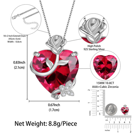 15MM Women Rose Heart Necklace July Birthstone 925 Sterling Silver Flower Butterfly Jewelry Pendant Red Ruby Mother Birthday Valentine's Day Gift - Aurora Tears