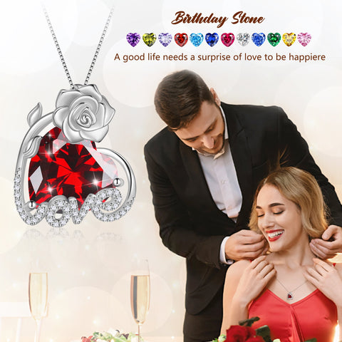 15MM Rose Heart Women Necklace January Birthstone 925 Sterling Silver Love Flower Pendant Garnet Jewelry Valentine's Day Gift for Wife Mother Girlfriend - Aurora Tears