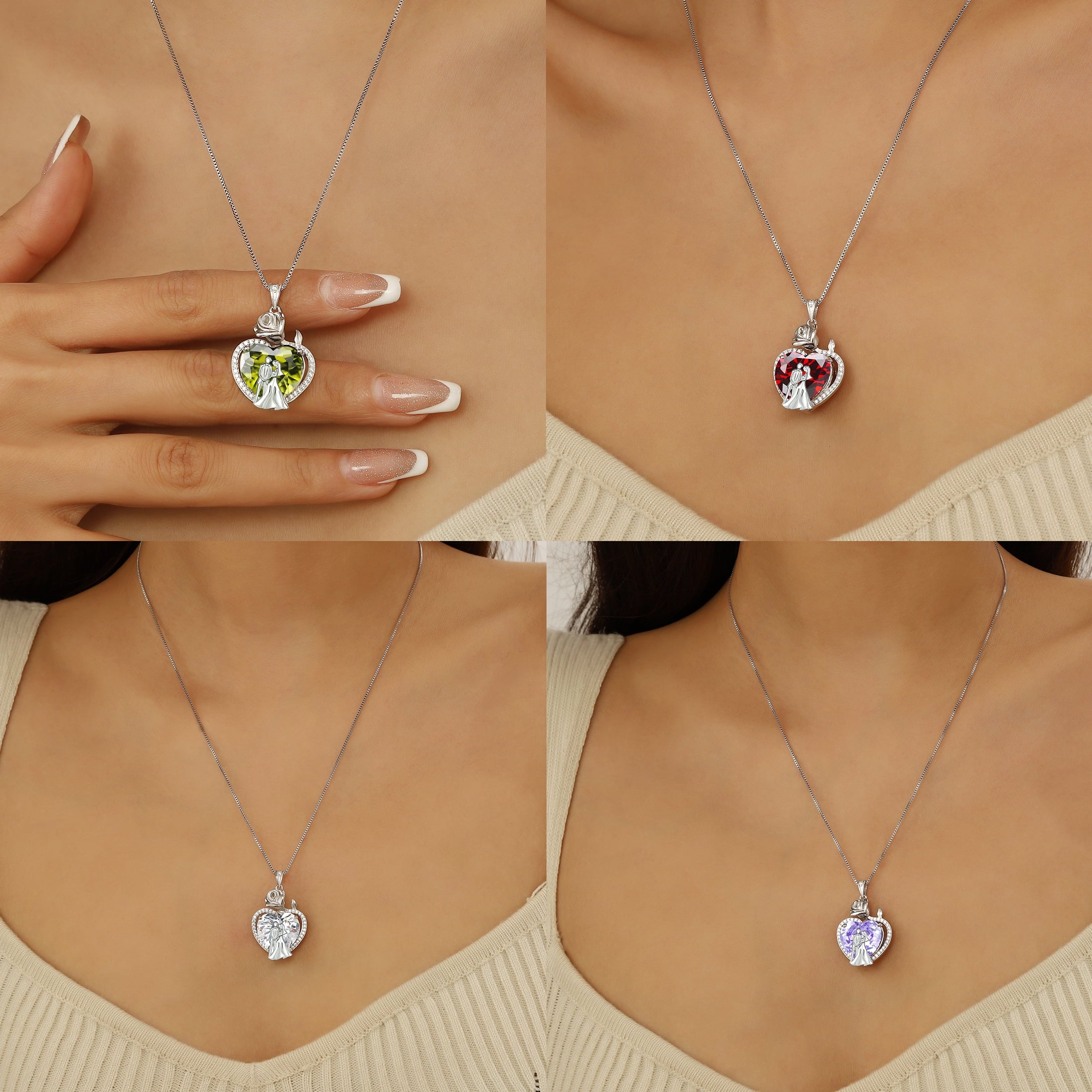 Couple Necklace for Women 925 Sterling Silver 15MM Heart August Birthstone Rose Flower Pendant Promise Engagement Jewelry Valentines Gift for Wife Girlfriend Her - Aurora Tears