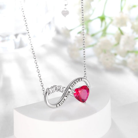 Women Infinity Heart Necklace for Mom July Birthstone Necklace Ruby Red Pendant 925 Sterling Silver Jewelry Birthday Mother's Day Gifts from Daughter - Aurora Tears