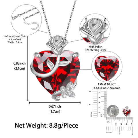 15MM Women Rose Heart Necklace January Birthstone 925 Sterling Silver Butterfly Flower Pendant Garnet Jewelry Mother Valentine's Day Gift - Aurora Tears