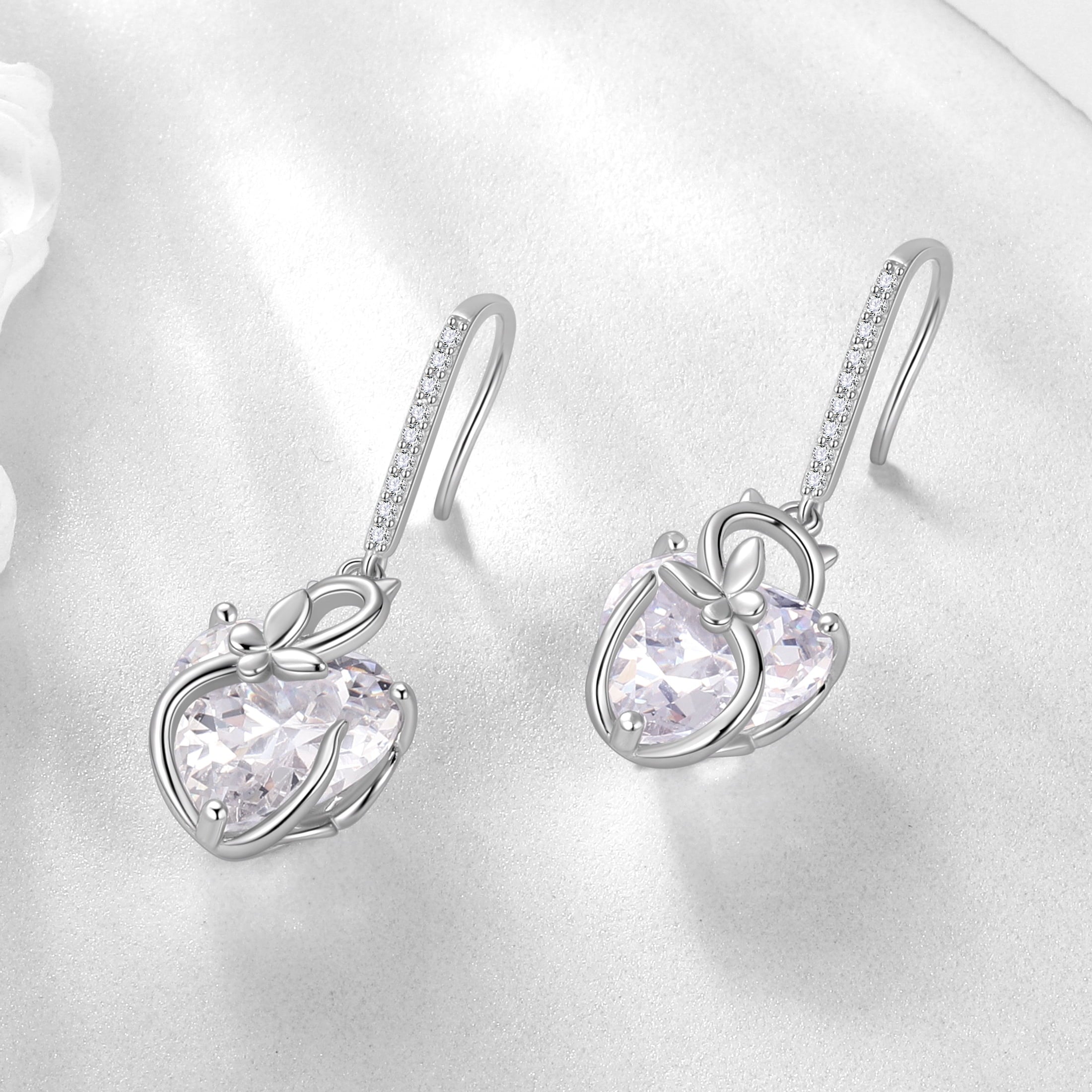 Cat Butterfly Earrings for Women 925 Sterling Silver Earrings Dangle Drop Hook Heart Diamond April Birthstone Wedding Bridal Jewelry Mothers Valentines Day Gifts for Wife Girlfriend - Aurora Tears