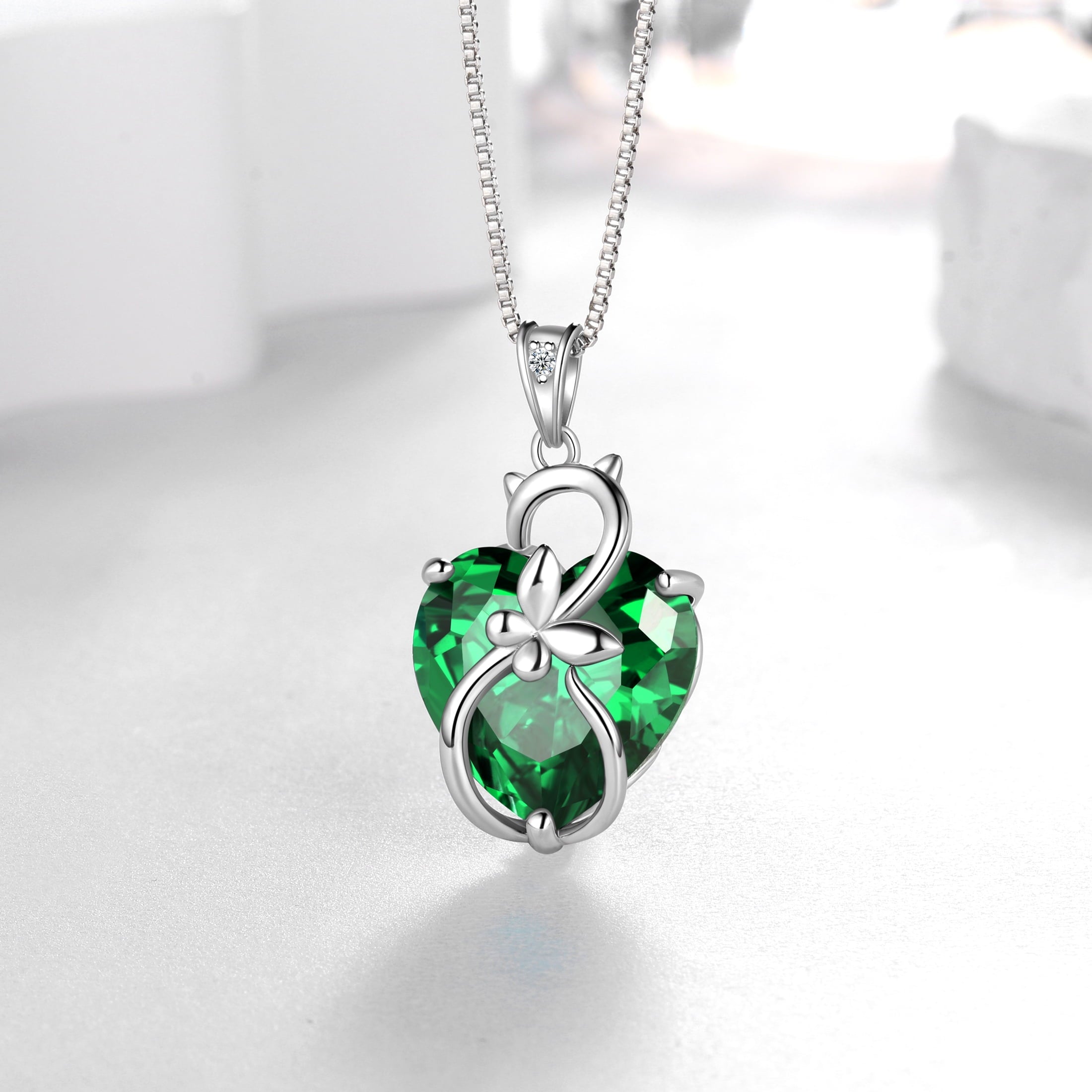 15MM Women Cat Necklace Heart May Birthstone 925 Sterling Silver Pendant Green Emerald Butterfly Jewelry Mom Birthday Mother's Day Gift - Aurora Tears