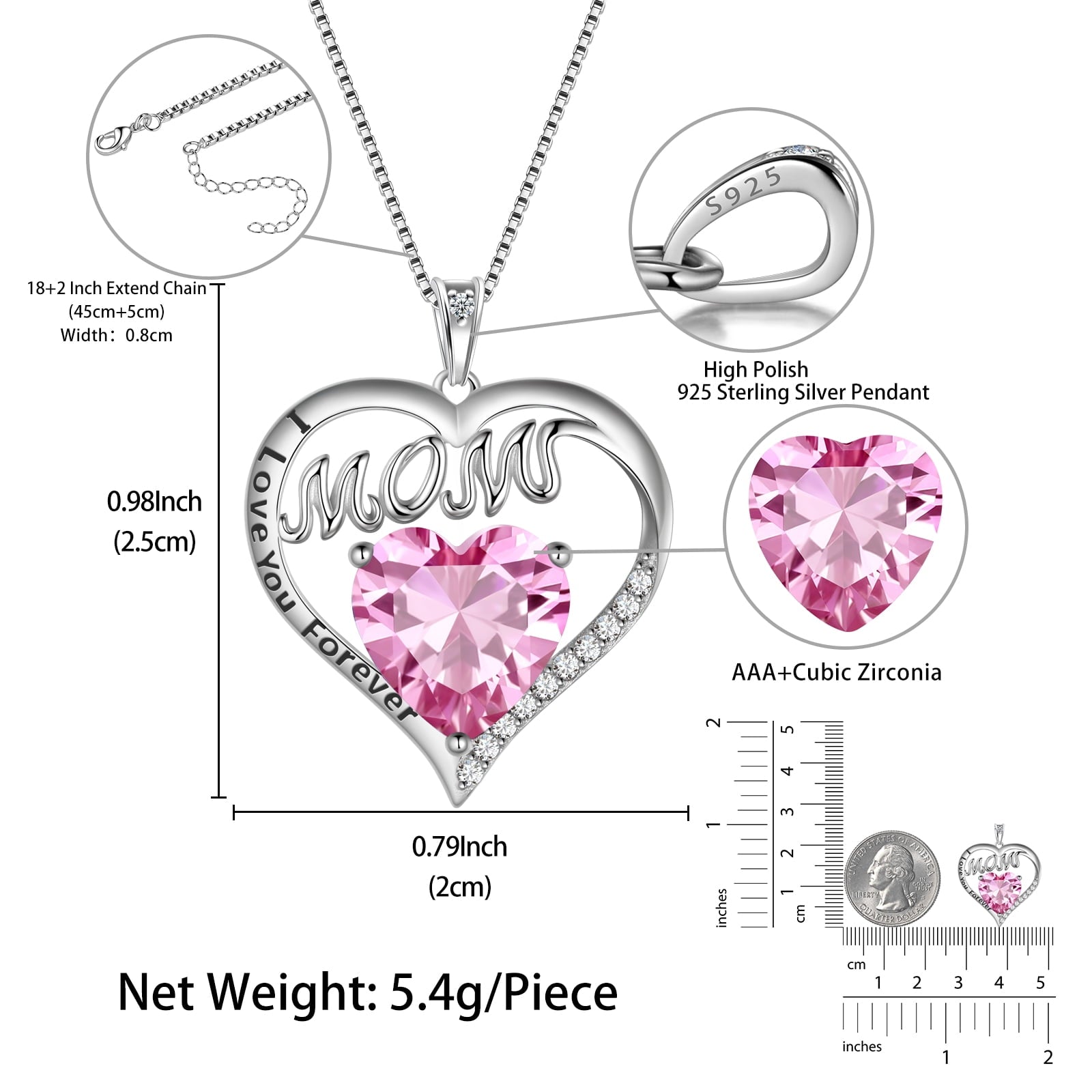 Women Mom Necklace Pink Heart October Birthstone Necklace Tourmaline 925 Sterling Silver Pendant Jewelry Grandma Christmas Birthday Mother's Day Gifts - Aurora Tears