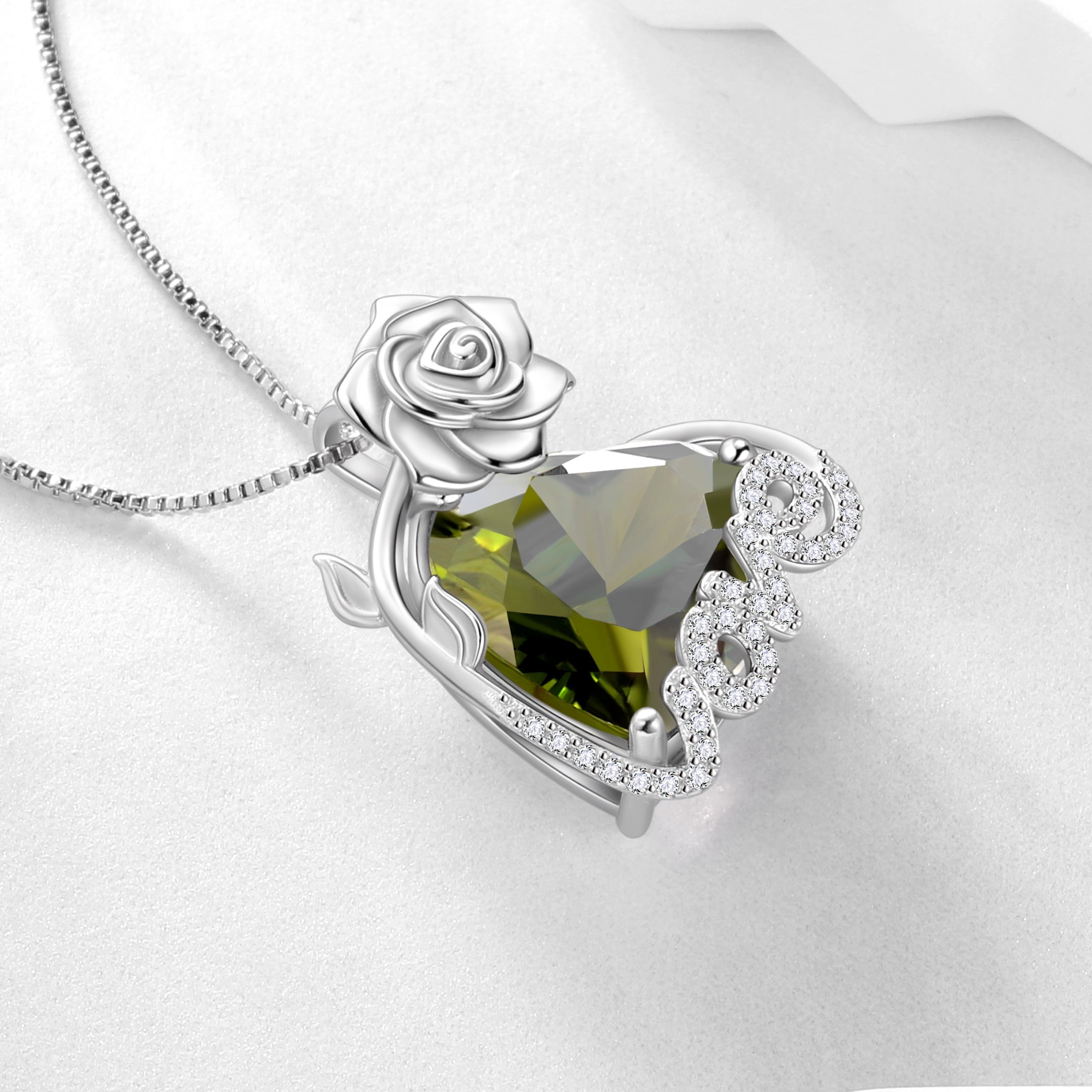 15MM Rose Heart Women Necklace August Birthstone 925 Sterling Silver Flower Love Pendant Green Peridot Jewelry Christmas Birthday Valentine Gift for Mom - Aurora Tears