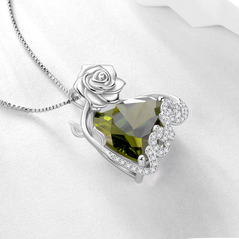 15MM Rose Heart Women Necklace August Birthstone 925 Sterling Silver Flower Love Pendant Green Peridot Jewelry Christmas Birthday Valentine Gift for Mom - Aurora Tears