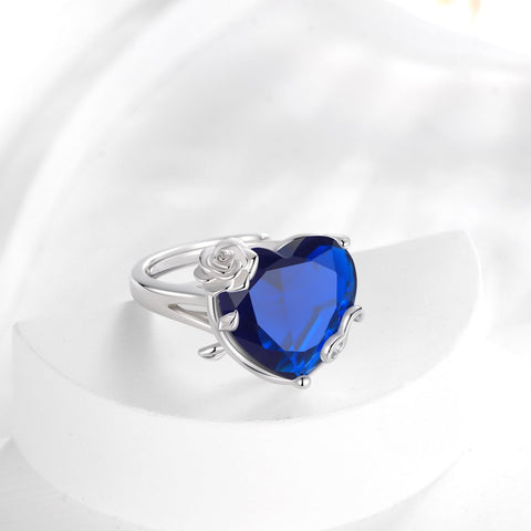 9Ct Women Heart Ring 925 Sterling Silver Rose Flower September Birthstone Sapphire Blue Solitaire Ring Jewelry Birthday Mother's Day Gift - Aurora Tears