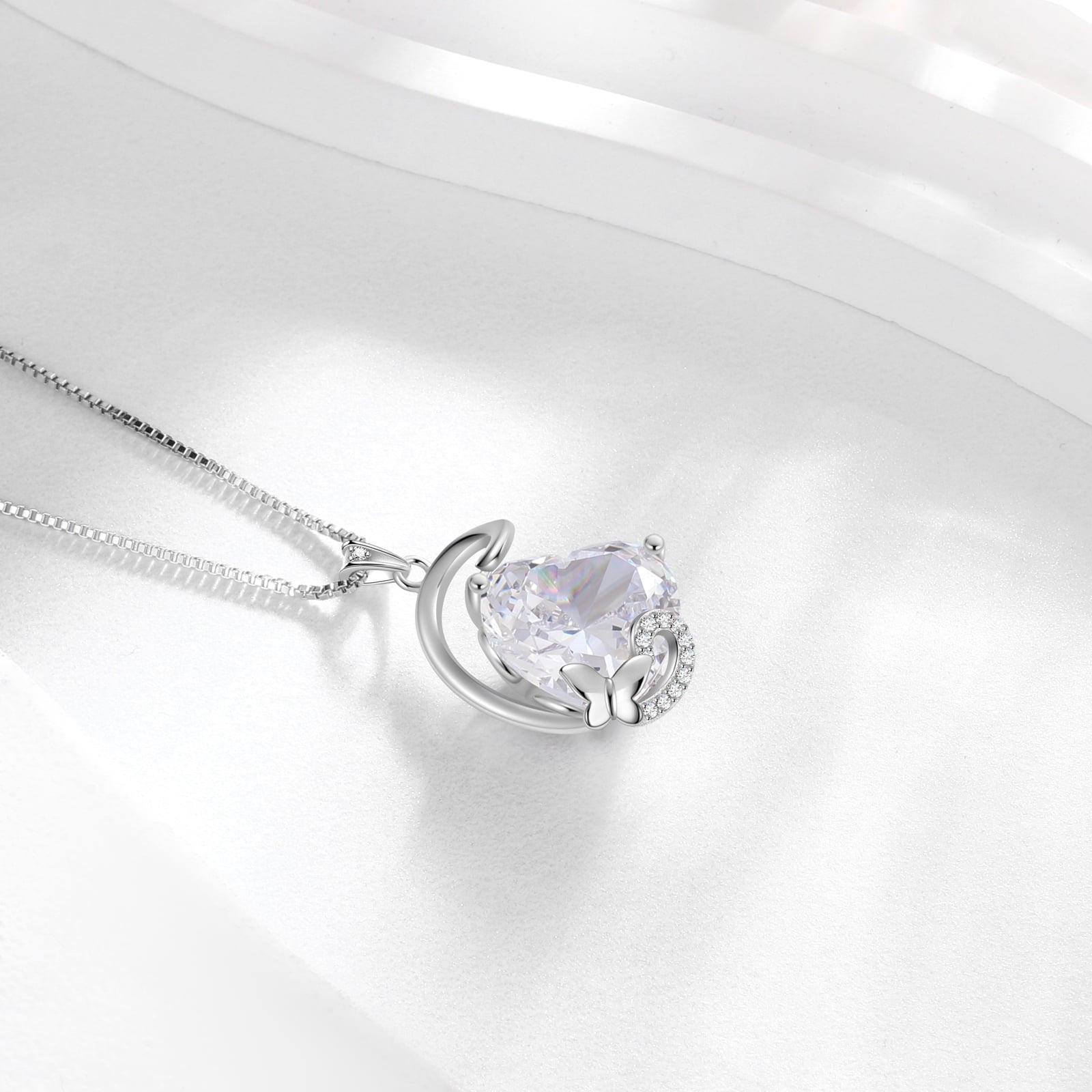 April Birthstone Heart Necklace Butterfly Pendant Diamond 925 Sterling Silver Bridal Jewelry Women Mother Birthday Valentine's Day Gift - Aurora Tears
