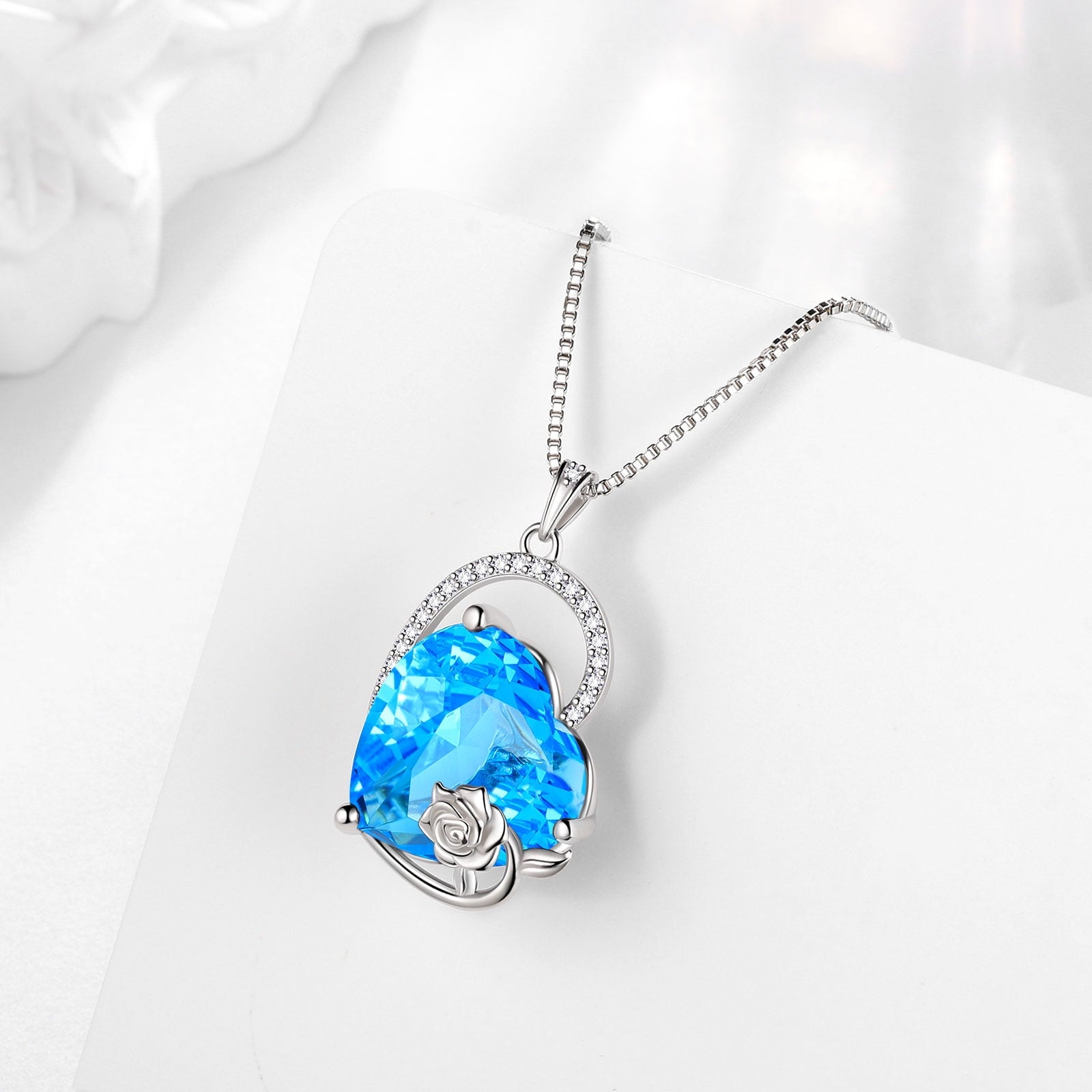 925 Sterling Silver 15MM Heart Necklace Women March Birthstone Aquamarine Jewelry Blue Topaz Rose Flower Pendant Mother Birthday Valentines Gift for Her - Aurora Tears