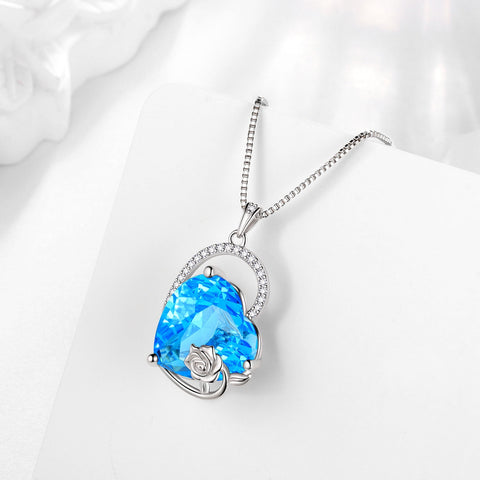 925 Sterling Silver 15MM Heart Necklace Women March Birthstone Aquamarine Jewelry Blue Topaz Rose Flower Pendant Mother Birthday Valentines Gift for Her - Aurora Tears