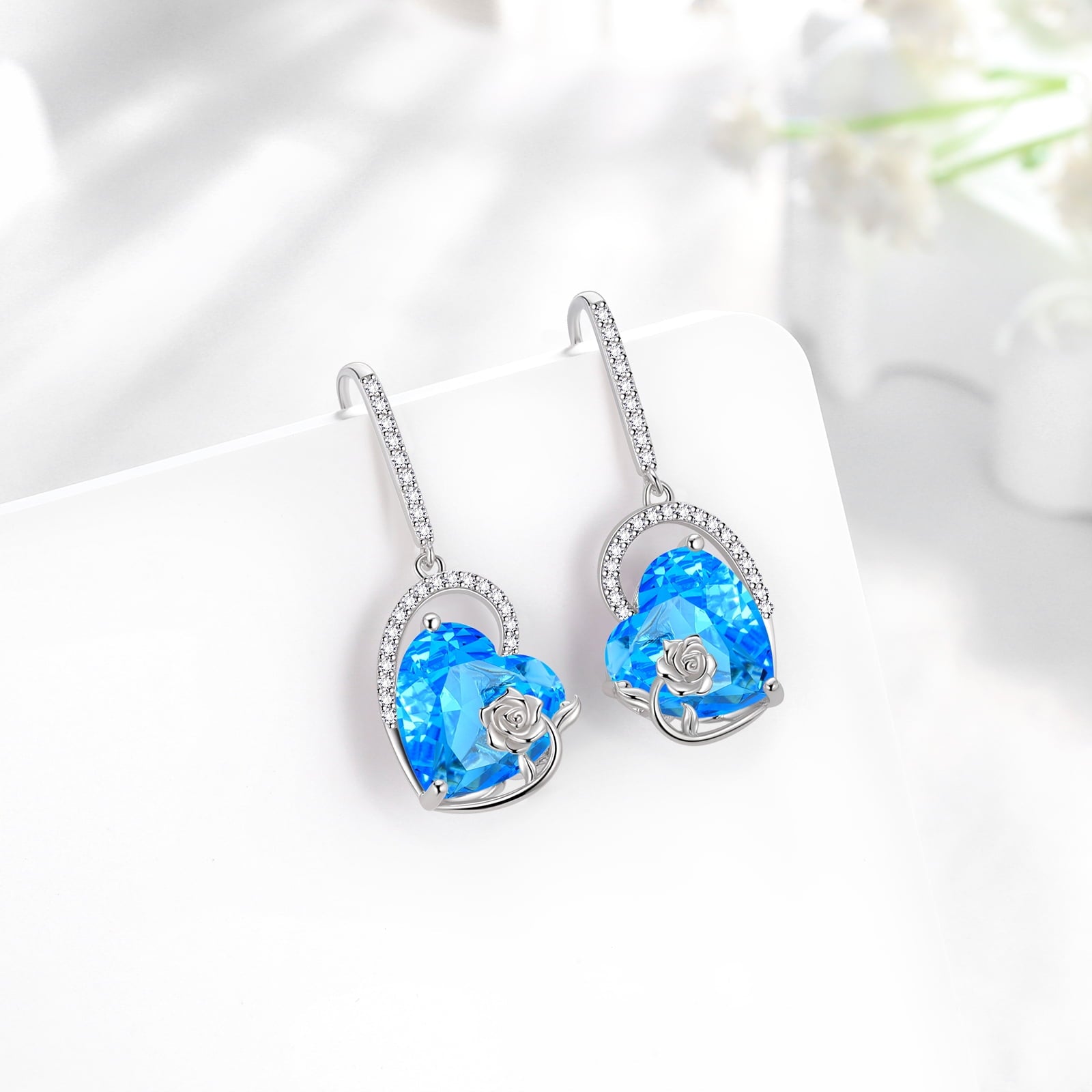 925 Sterling Silver Earrings Women Heart March Birthstone Hook Dangle Earring Aquamarine Blue Rose Flower Jewelry Mother Birthday Gift - Aurora Tears