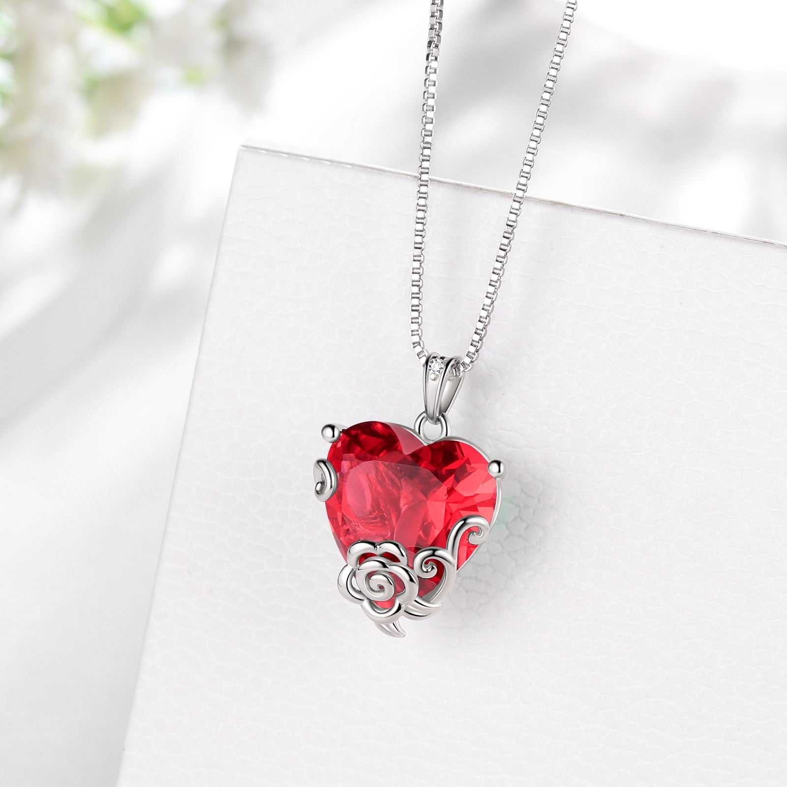 Women Heart Necklace July Birthstone Ruby Jewelry 925 Sterling Silver Red CZ Flower Rose Pendant Mother Birthday Valentine's Day Gifts - Aurora Tears