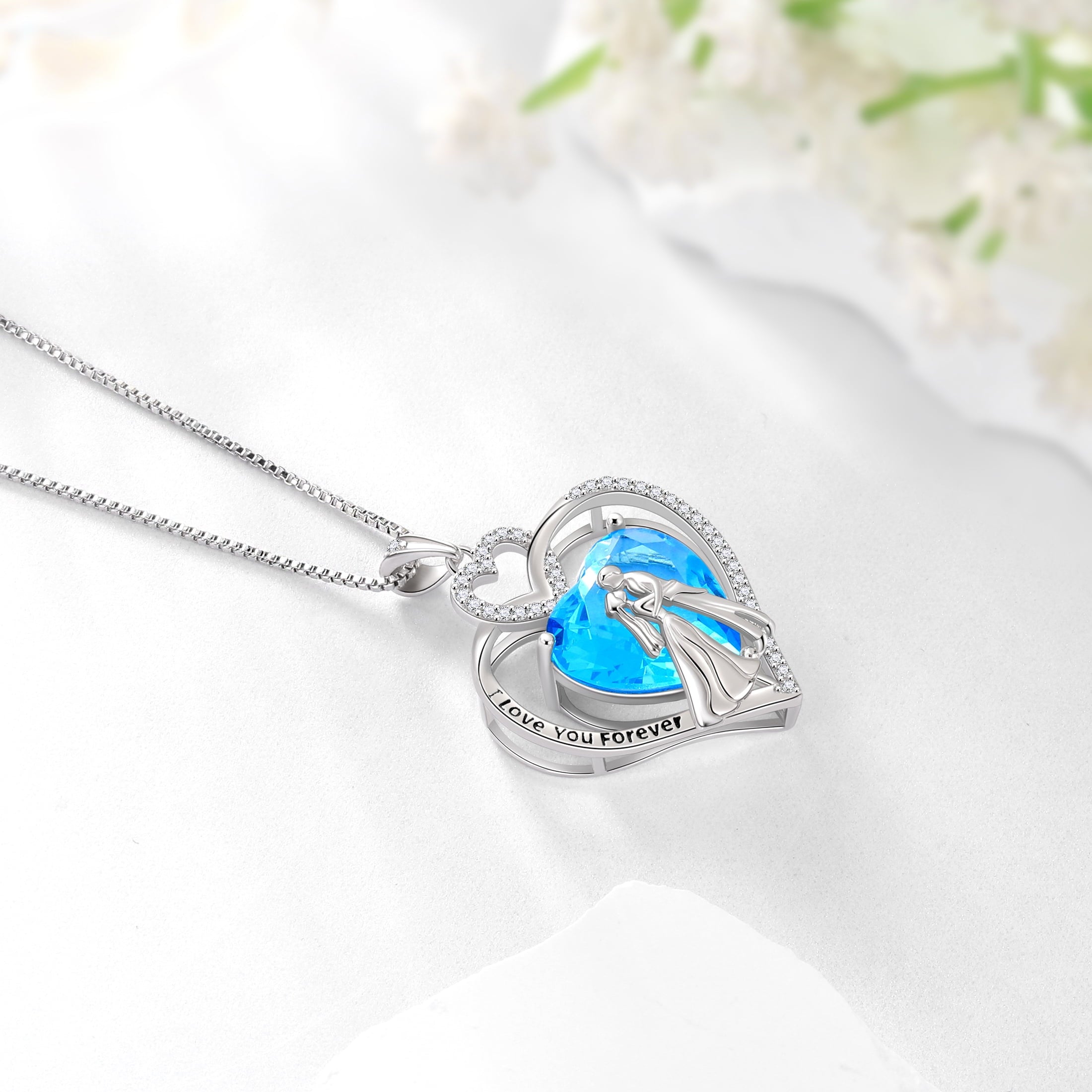 Couple Necklace for Women 925 Sterling Silver Heart March Birthstone Pendant Engraved I Love You Wedding Engagement Jewelry Valentines Day Gift for Wife Bride Her - Aurora Tears
