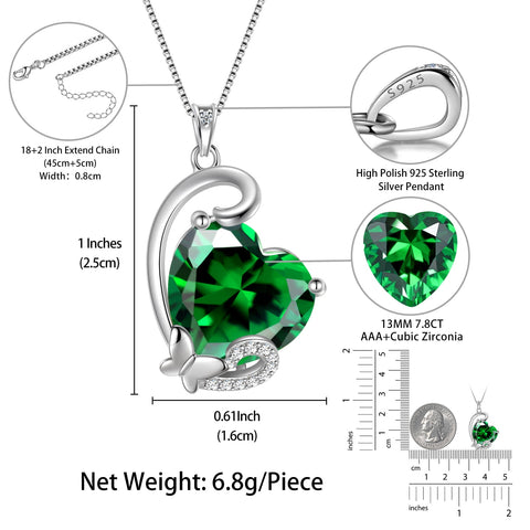 May Birthstone Heart Necklace Butterfly Pendant Green Emerald Sterling Silver Jewelry Women Birthday Christmas Mother's Day Gifts for Mom Grandma - Aurora Tears