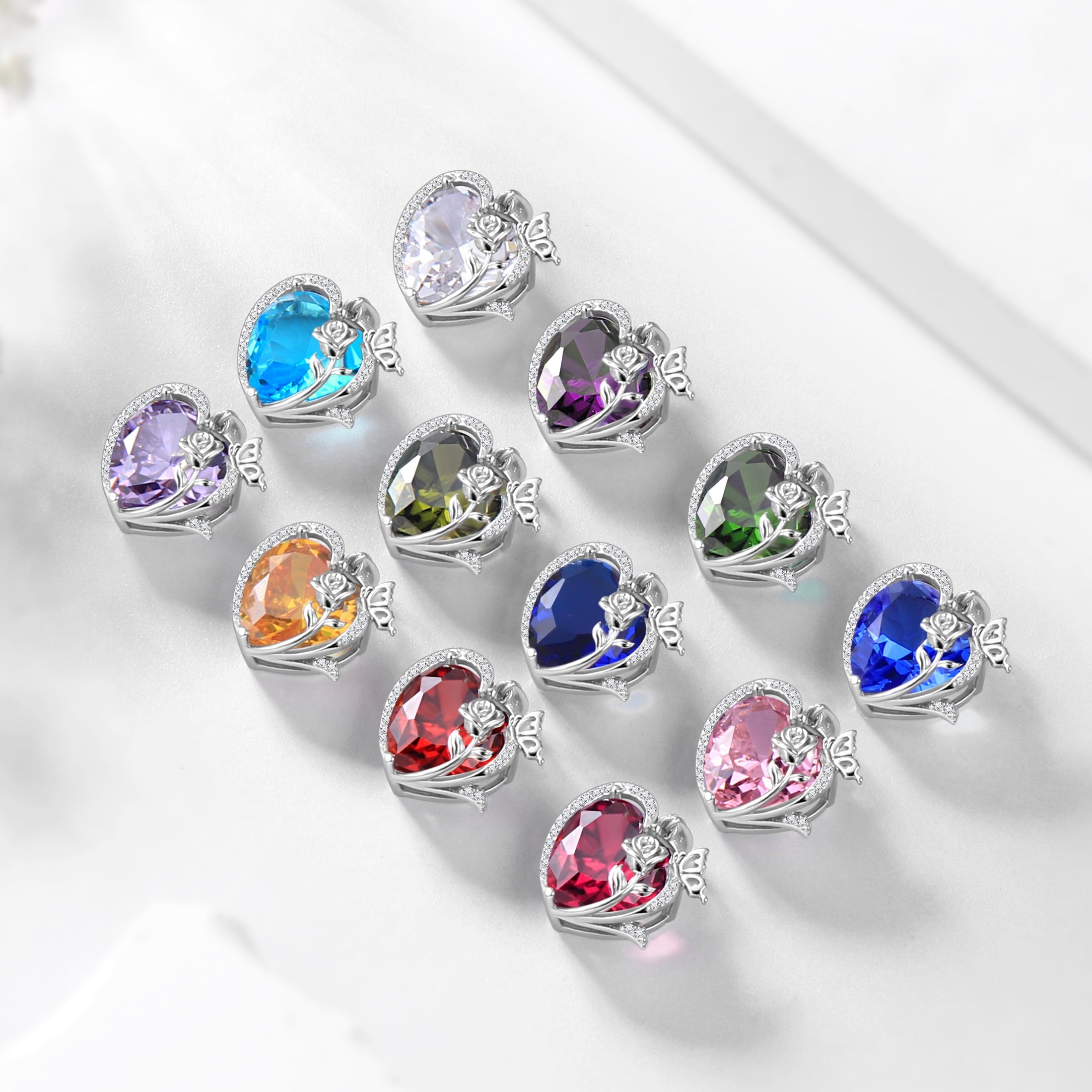 Women Heart Necklace Butterfly Rose Flower Pendant June Birthstone Alexandrite Crystal 925 Sterling Silver Jewelry Mother Wife Birthday Gift - Aurora Tears