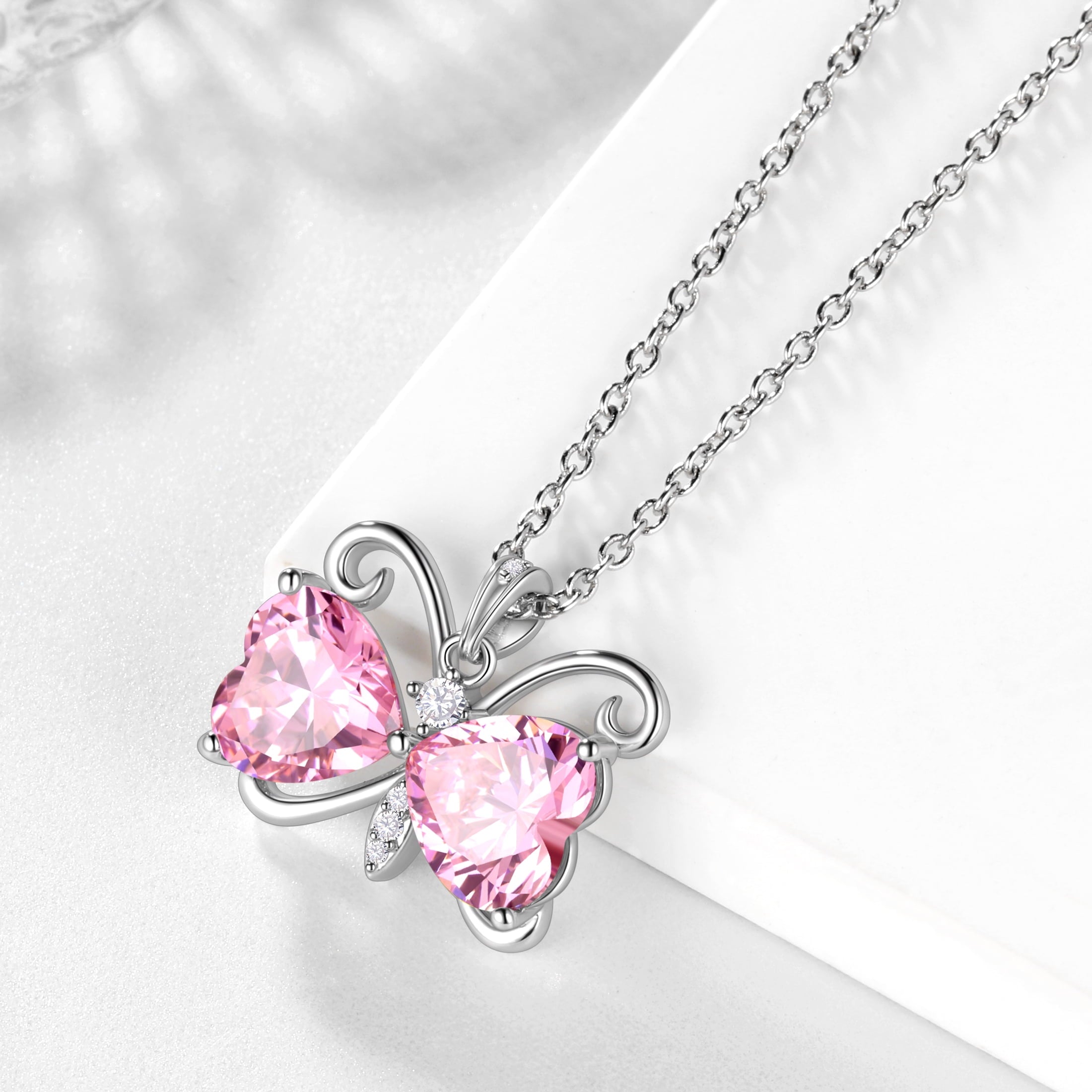 Women Pink Butterfly Necklace Heart October Birthstone Necklace Tourmaline Pendant Jewelry Daughter Wife Birthday Valentine's Day Gift Idea - Aurora Tears