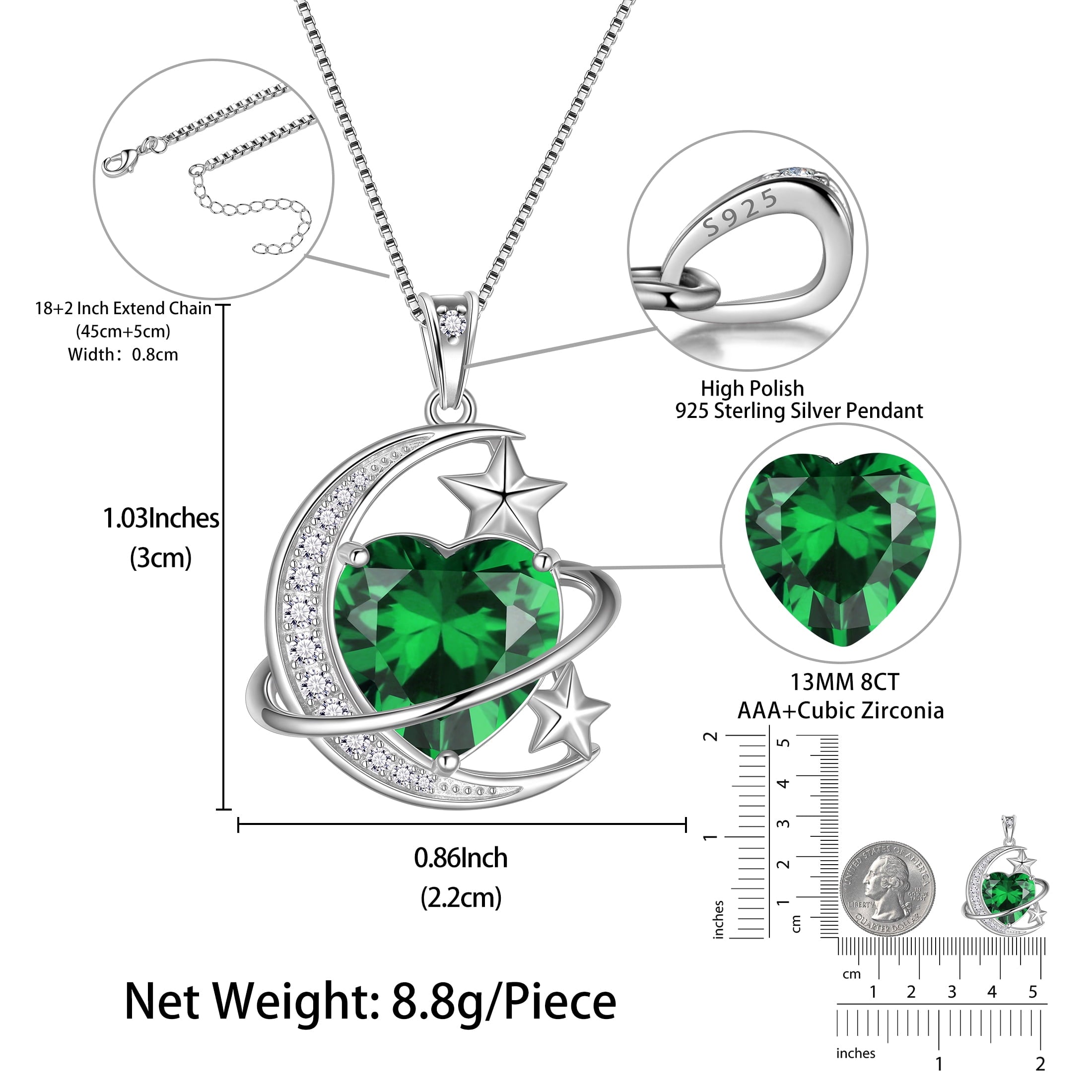 13MM Women Moon Star Necklace Heart May Birthstone 925 Sterling Silver Pendant Green Emerald Planet Celestial Jewelry Christmas Valentine Birthday Mother's Day Gift for Mom - Aurora Tears
