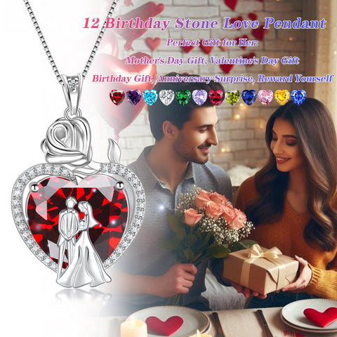 Couple Necklace for Women 925 Sterling Silver 15MM Heart August Birthstone Rose Flower Pendant Promise Engagement Jewelry Valentines Gift for Wife Girlfriend Her - Aurora Tears