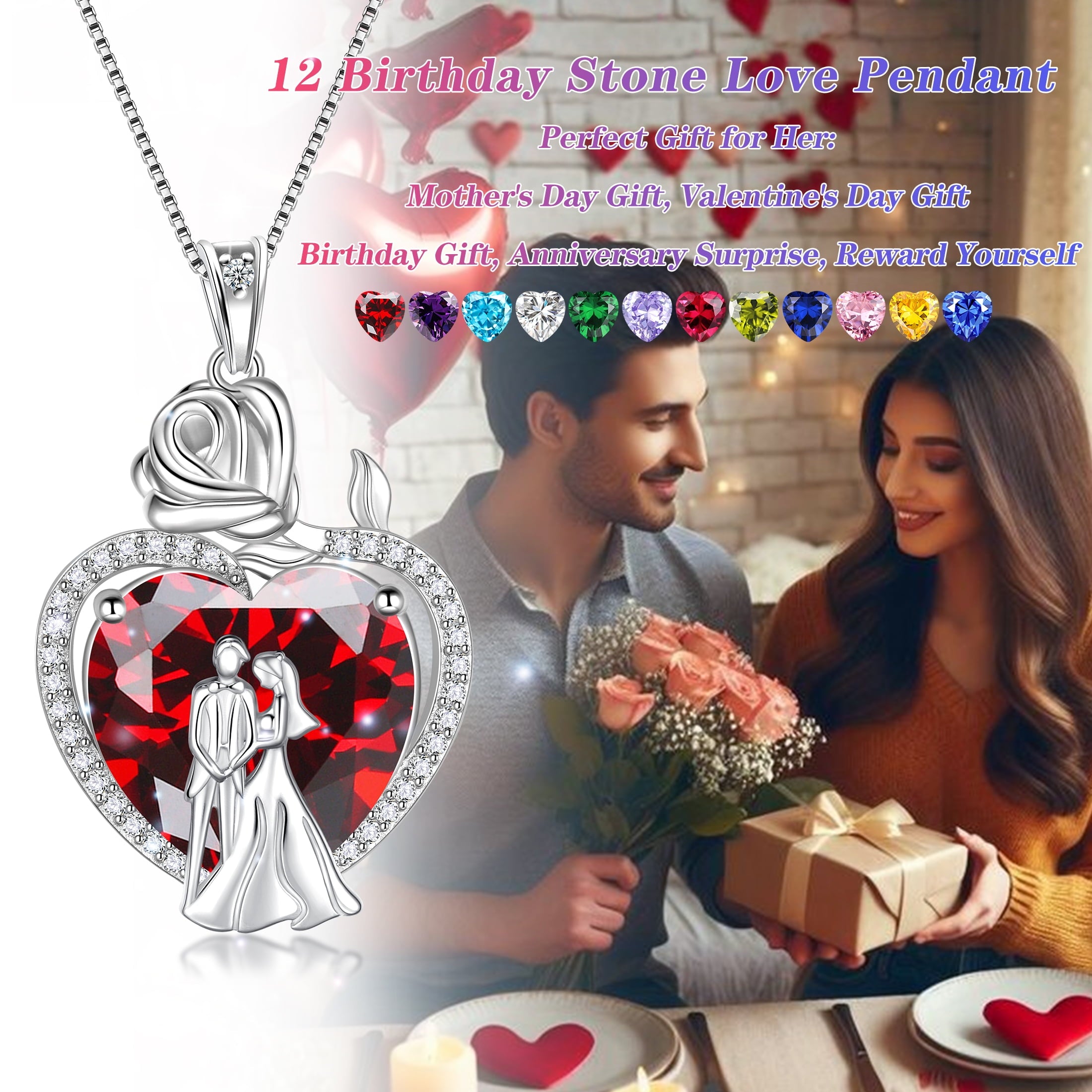 Couple Necklace for Women 925 Sterling Silver 15MM Heart May Birthstone Rose Flower Pendant Wedding Engagement Jewelry Valentines Day Gift for Her Wife/Girlfriend - Aurora Tears
