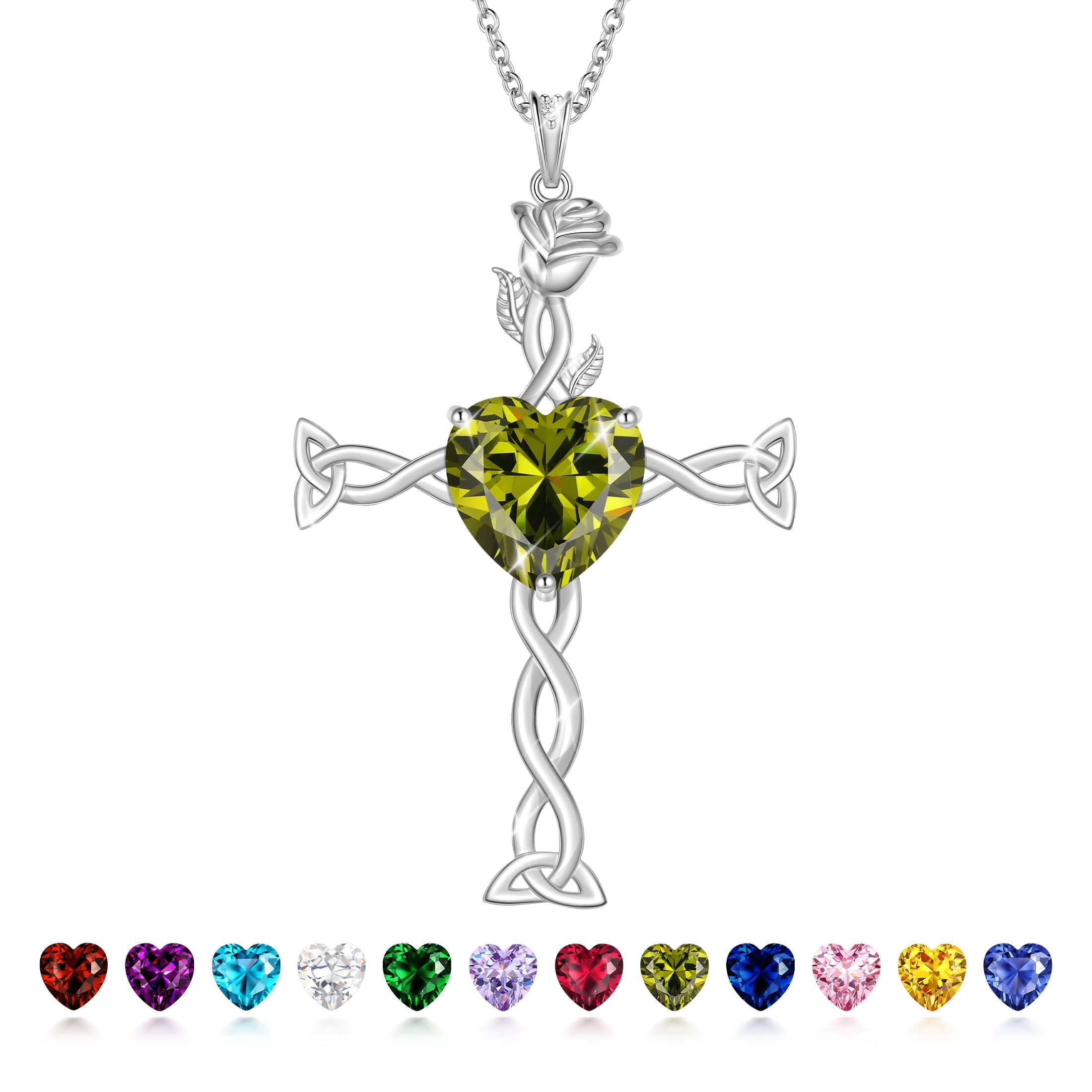 Juwaliy 925 Sterling Silver Plated Celtic Cross Necklace for Women,Birthstone Rose Flower Pendant Irish Jewelry Christmas Valentines Birthday Gift