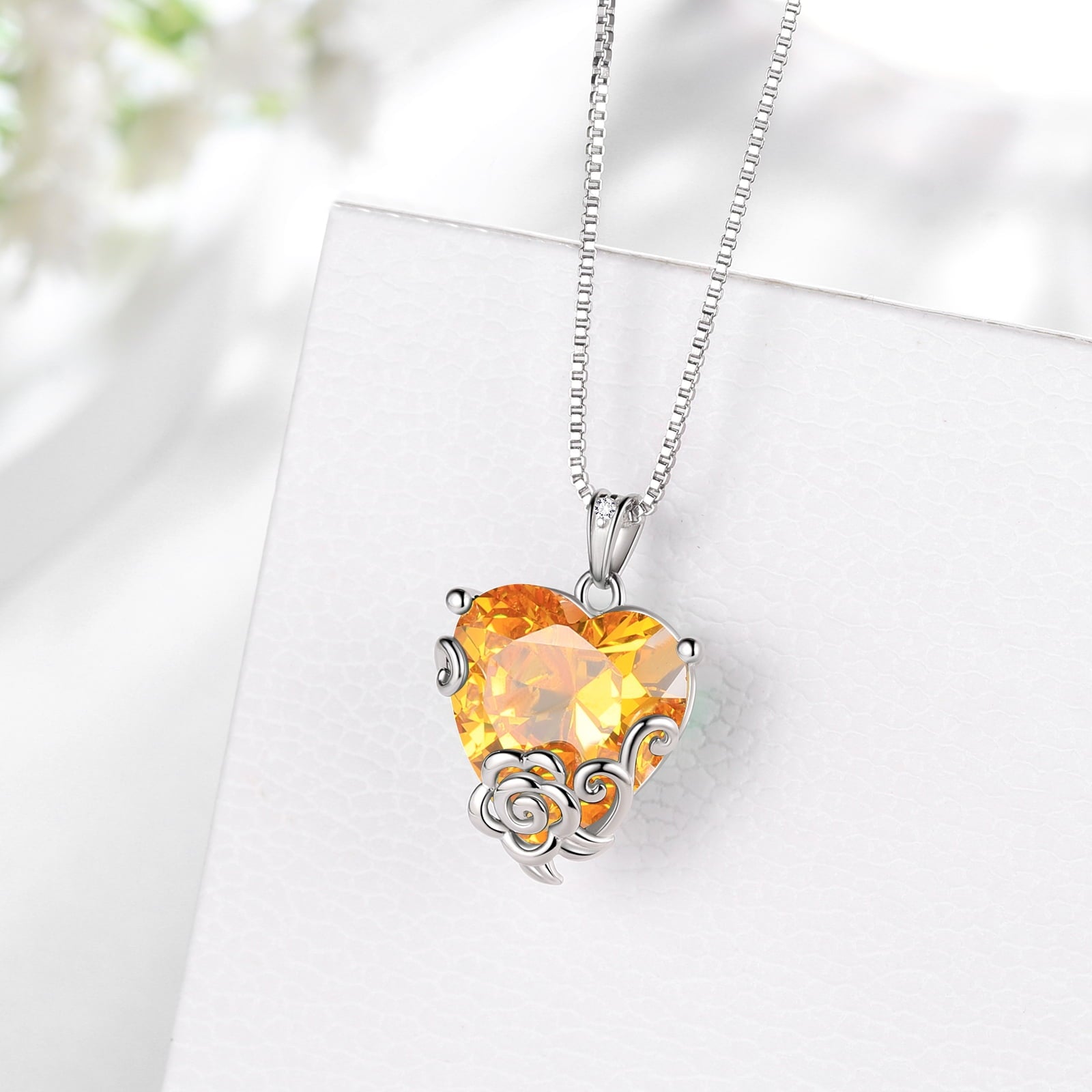 Women Heart Necklace November Birthstone Citrine Jewelry Yellow 925 Sterling Silver Rose Flower Pendant Christmas Birthday Gifts for Mother - Aurora Tears