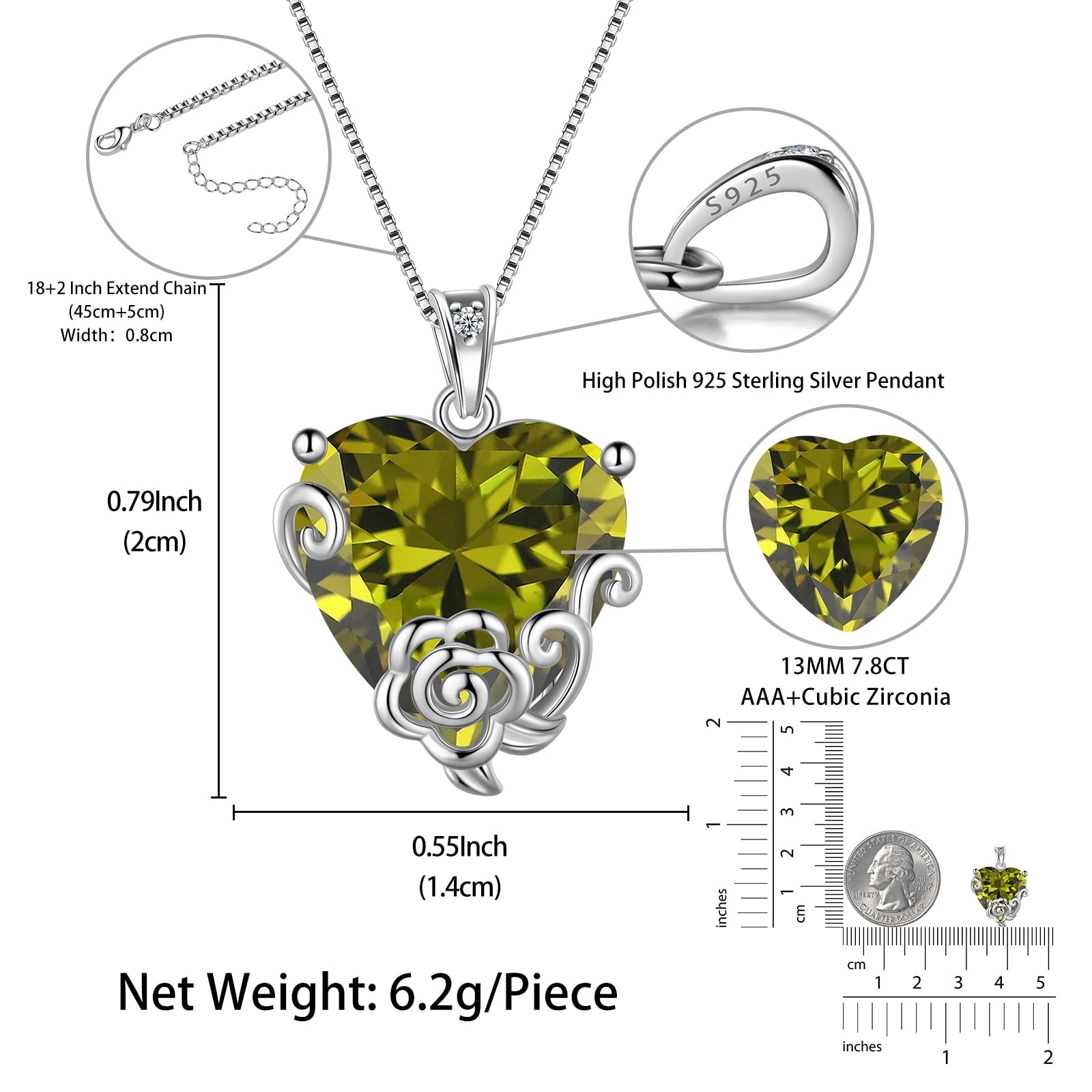 Women Heart Necklace August Birthstone Peridot Jewelry 925 Sterling Silver Flower Rose Pendant Mom Christmas Birthday Mother's Day Gift - Aurora Tears