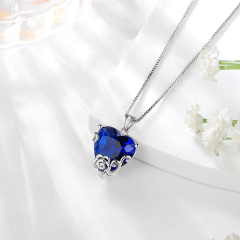 Women Heart Necklace September Birthstone Sapphire Jewelry 925 Sterling Silver Blue Flower Pendant Christmas Birthday Mother's Day Gift - Aurora Tears