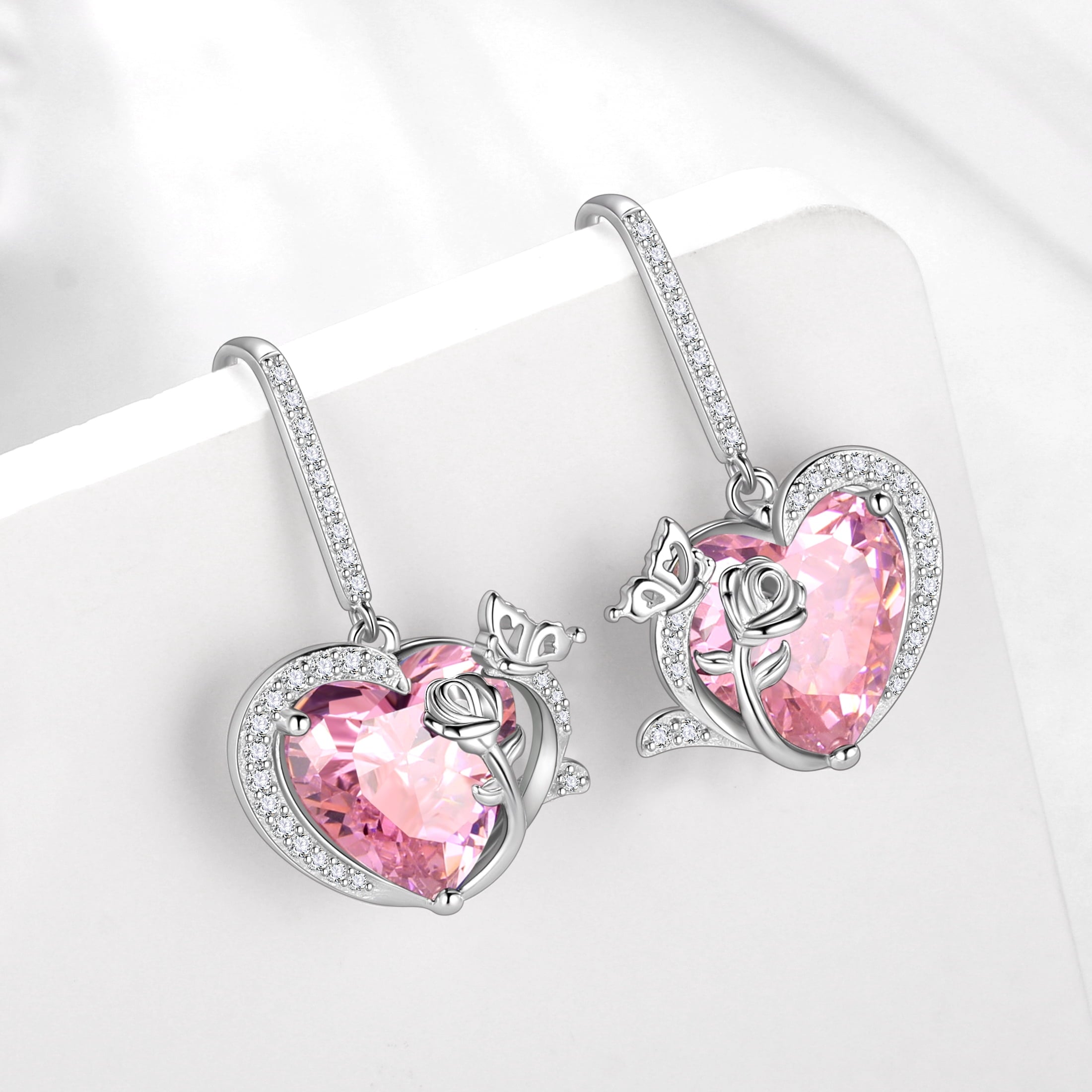 Women October Birthstone Drop Earrings Heart Tourmaline Pink Butterfly Rose Jewelry 925 Sterling Silver Hook Mother Christmas Valentine's Day Gift - Aurora Tears