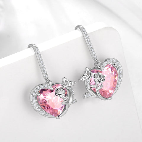 Women October Birthstone Drop Earrings Heart Tourmaline Pink Butterfly Rose Jewelry 925 Sterling Silver Hook Mother Christmas Valentine's Day Gift - Aurora Tears
