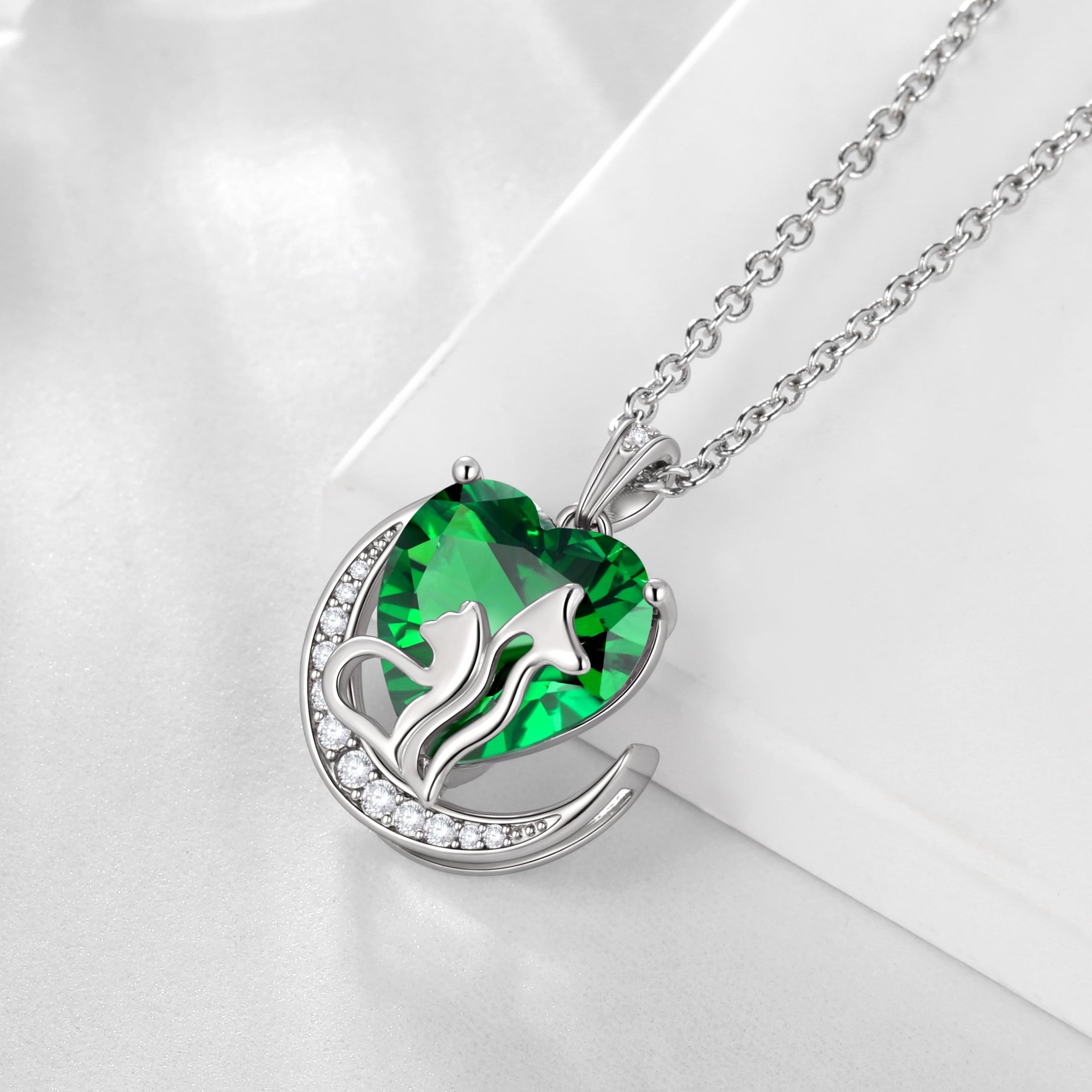 Women Animal Cat and Dog Necklace Green Heart May Birthstone Charm Emerald Pendant Jewelry Birthday Mother's Day Gift for Mom Wife Daughter Pet Lovers - Aurora Tears