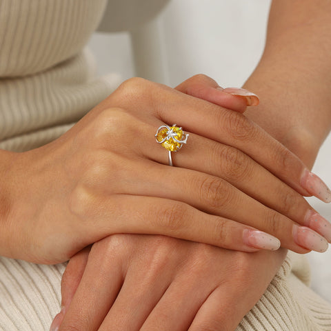 Women Heart Ring 925 Sterling Silver Cat Butterfly November Birthstone Citrine Solitaire Ring Jewelry Christmas Thanksgiving Gift for Mother Cat Lover - Aurora Tears