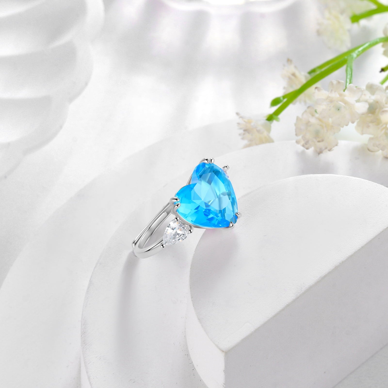 6Ct Women Heart Ring 925 Sterling Silver March Birthstone Ring Aquamarine Blue Band Jewelry Mother Birthday Wedding Valentine's Day - Aurora Tears